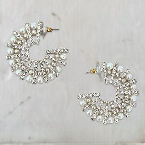 Pearl & Rhinestone Hoop Earrings Gold Tone Beautiful @ Reversible Both Sides